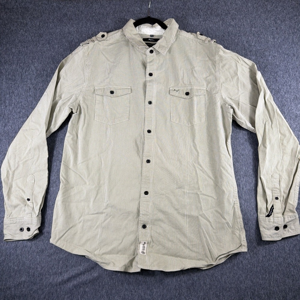 LRG Button Down Shirt Mens 2XL Olive White Pinstripe Long Sleeve Utility
